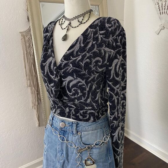 A-gaci Whimsygoth Vintage 90s Made in USA Glitter Wrap Top Deep V-neck Blouse S - Picture 3 of 9